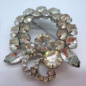 Vintage Weiss AB Rhinestone Wreath‎ Brooch Silver Tone Signed Mid Century